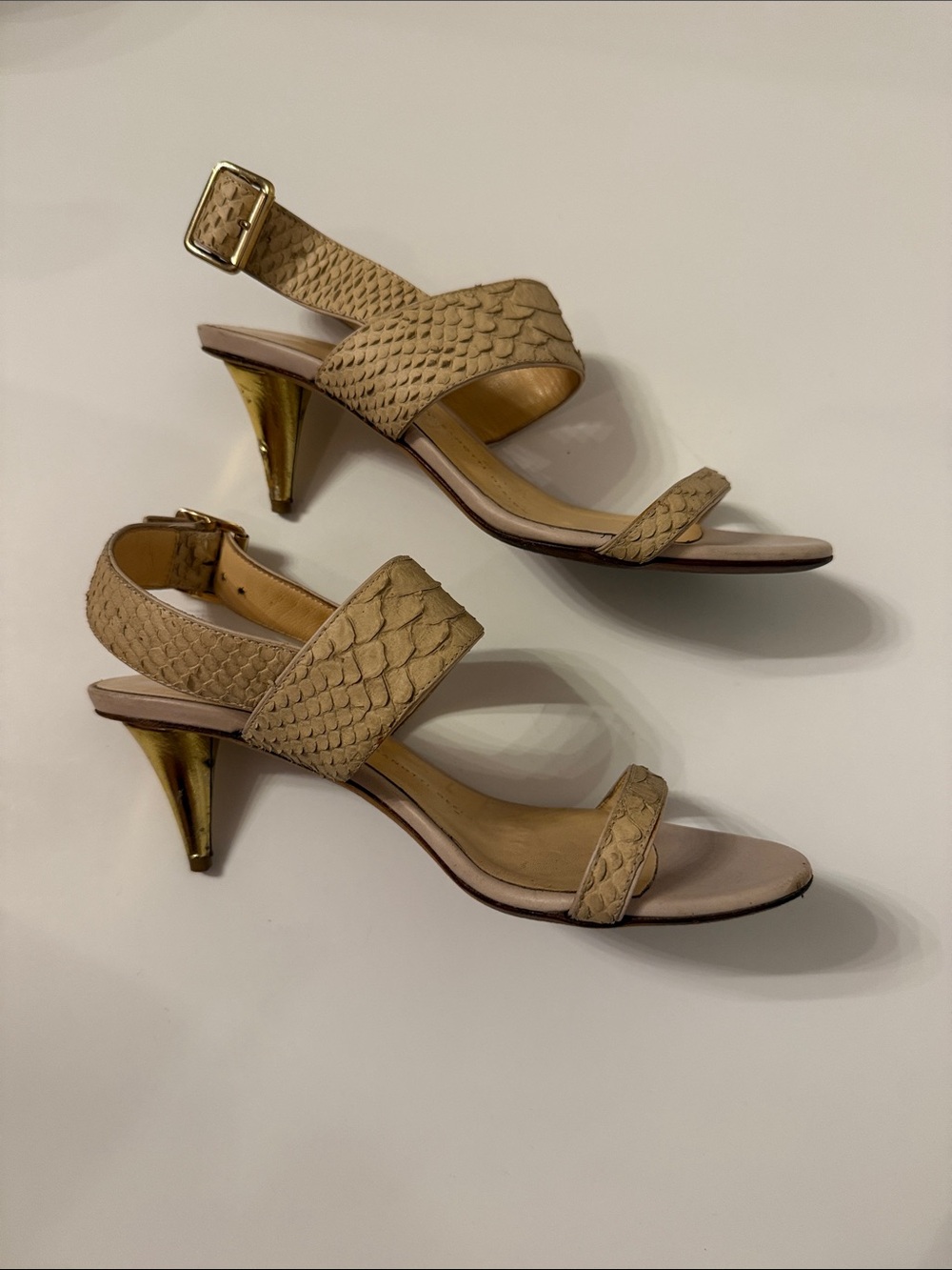 GIUSEPPE ZANOTTI SHOES HEELS ANKLE STRAP SANDAL CREAM LEATHER SNAKE ITALY SZ 37